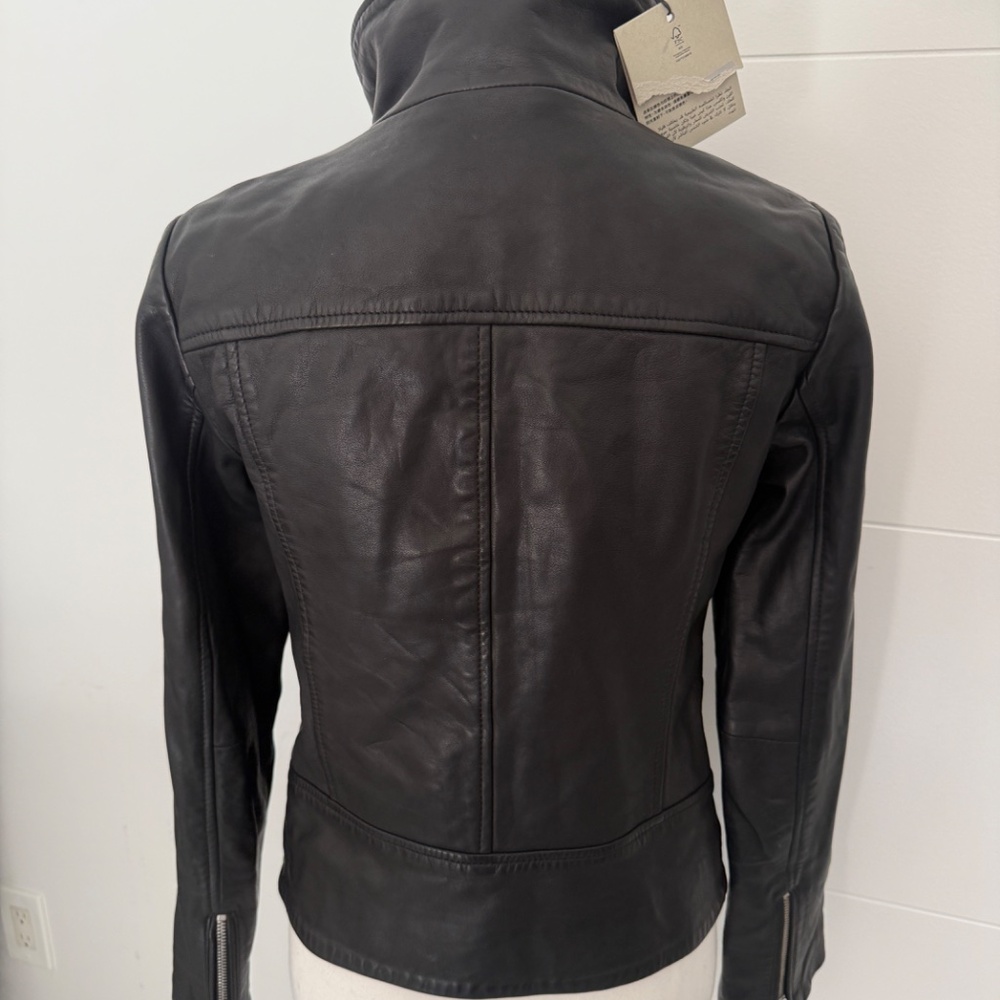 All Saints Black Leather Cropped Bomber High Neck Jacket US 6 - Picture 4 of 11